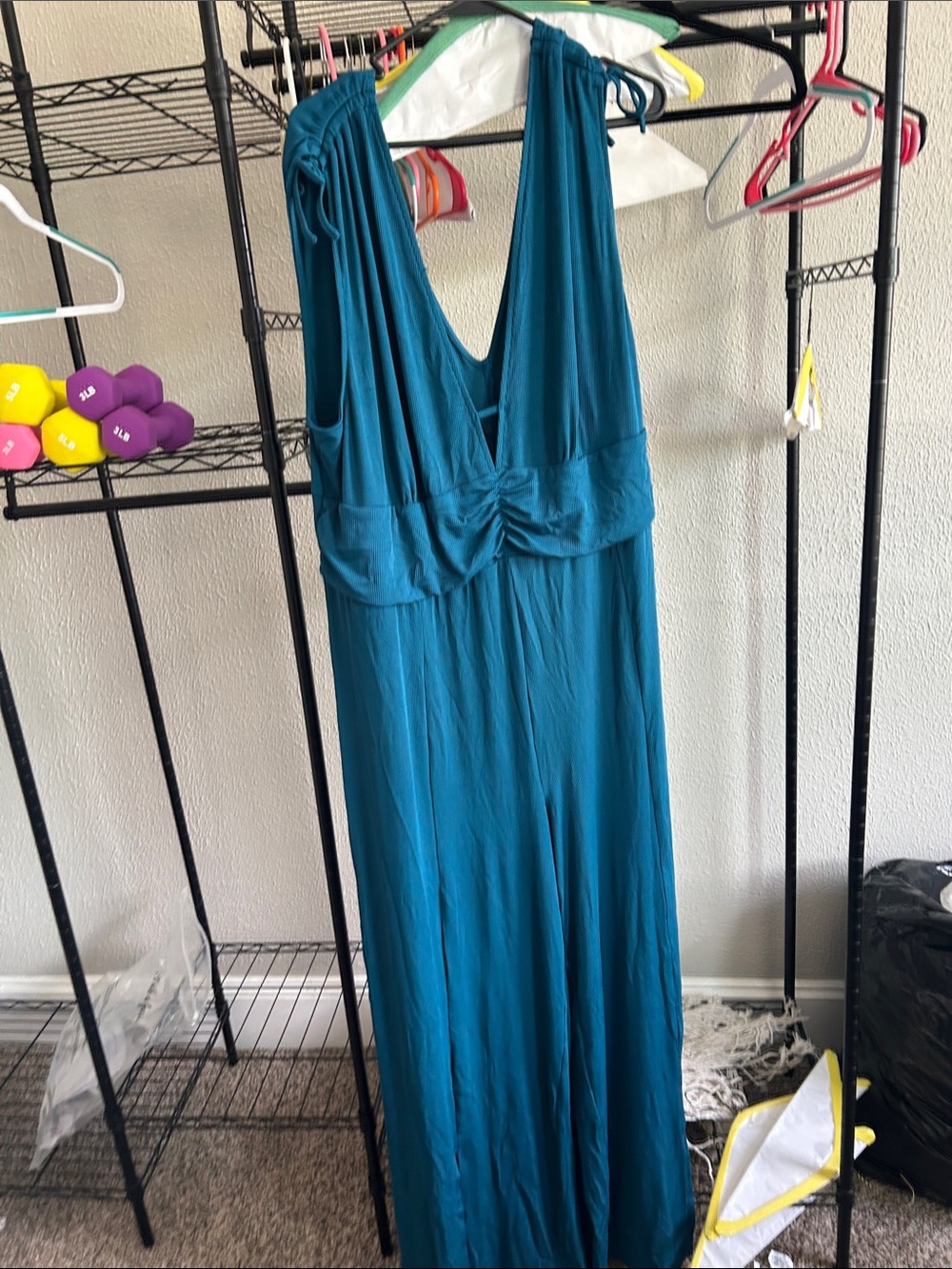 Cider Teal Deep-V Wide-Leg Sleeveless Jumpsuit